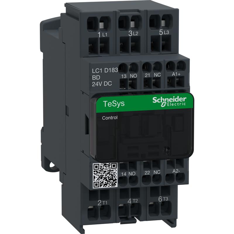 Schneider Electric LC1D183BD Stykač 18A 1"Z" +1"V", pruž.svorky, 24V DC, cívka s rozšíř.rozsahem a odruš.modulem