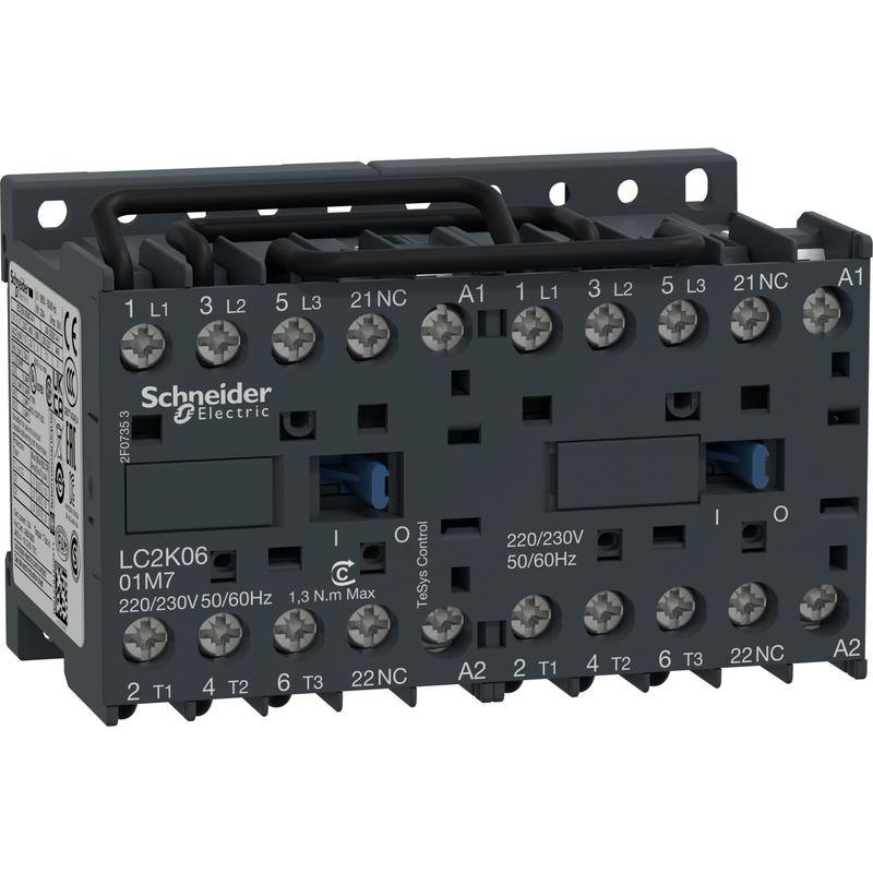 Schneider Electric LC2K0601P7 reverzační stykač 3P 6A AC-3 440V-pomocný kontakt 1V- cívka 230V 50Hz