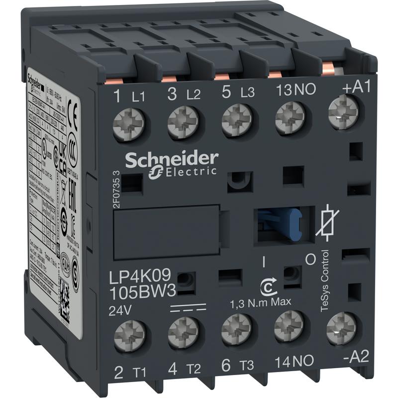 Schneider Electric LP4K09105BW3 TeSys K stykač - 3P - AC-3 440 V 9 A - 1 NO kontakt - 24 V DC cívka